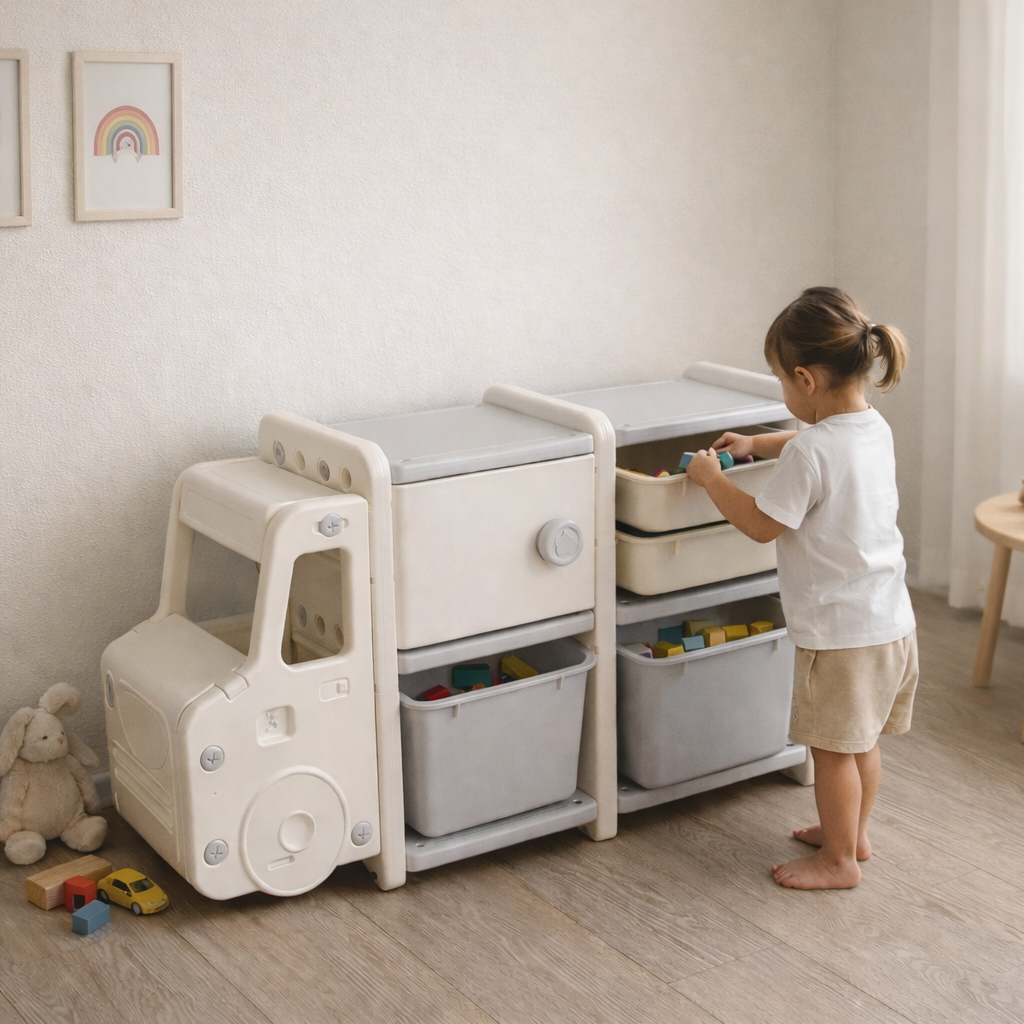Niña organizando sus juguetes en la habitación