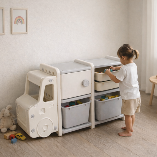 Niña organizando sus juguetes en la habitación