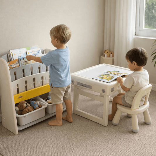 Niños jugando en una habitación con una mesa infantil y organizador de libros