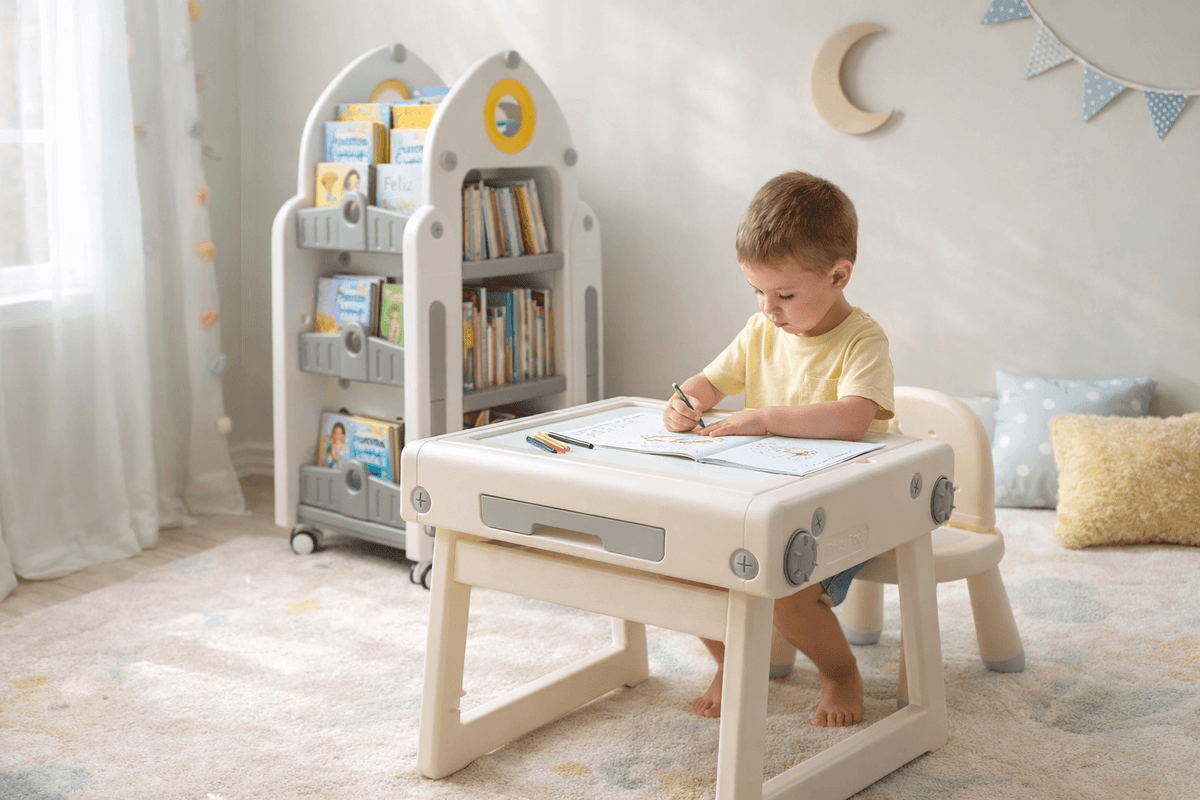 Niño dibujando en un cuarto organizado