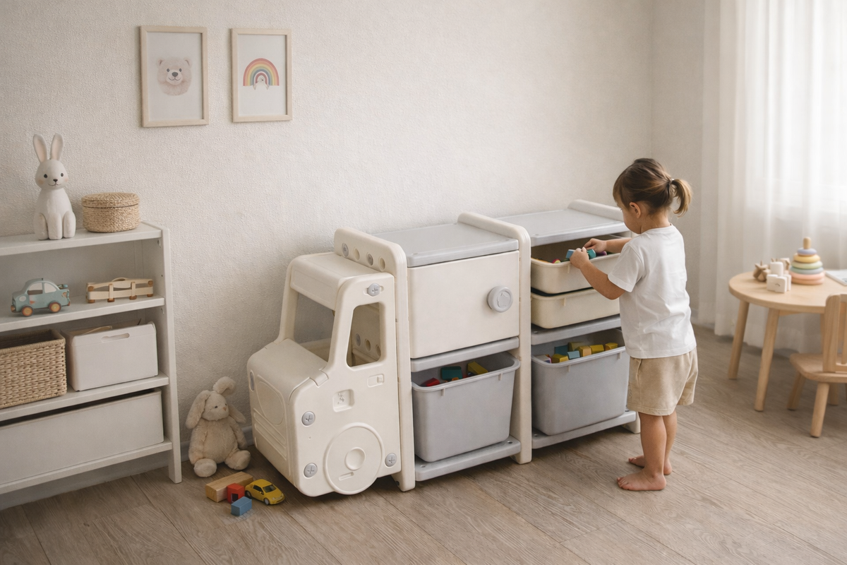 Niña organizando sus juguetes en su habitación después de jugar